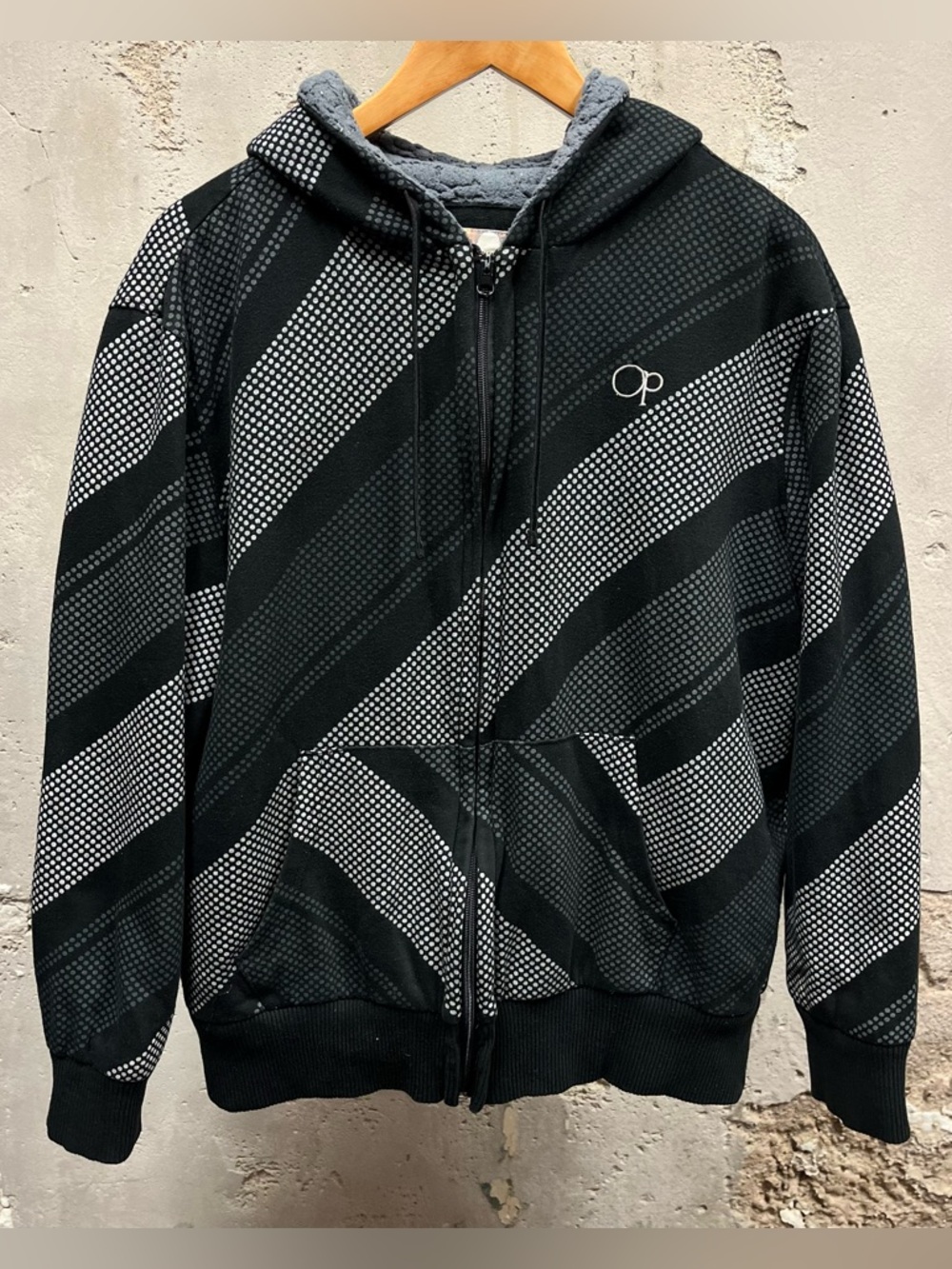Ocean Pacific OP Vintage Y2K Black Gray Striped Fleece Lined Hoodie Mallcore 90s